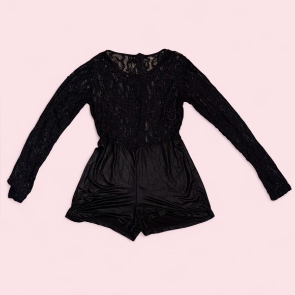 Pants - Black Lace Long Sleeve Romper Mesh Top w/ Faux Leather Shorts